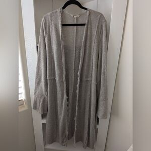 Gray Knit Bell Sleeve Duster Cardigan With Lace Detail